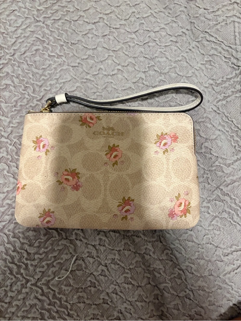 Coach Beige Floral Signature Wristlet with Pink Roses